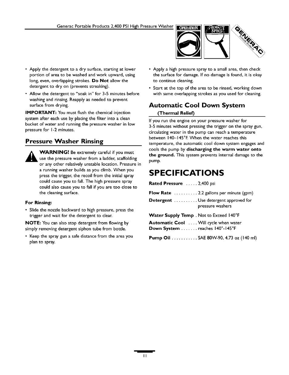 Specifications, Pressure washer rinsing, Automatic cool down system | Generac 1537-0 User Manual | Page 11 / 36