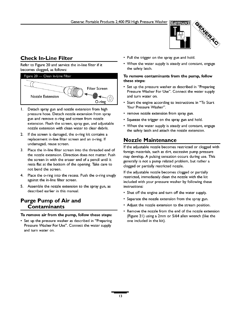 Check in-line filter, Purge pump of air and contaminants, Nozzle maintenance | Generac 1537-0 User Manual | Page 13 / 36