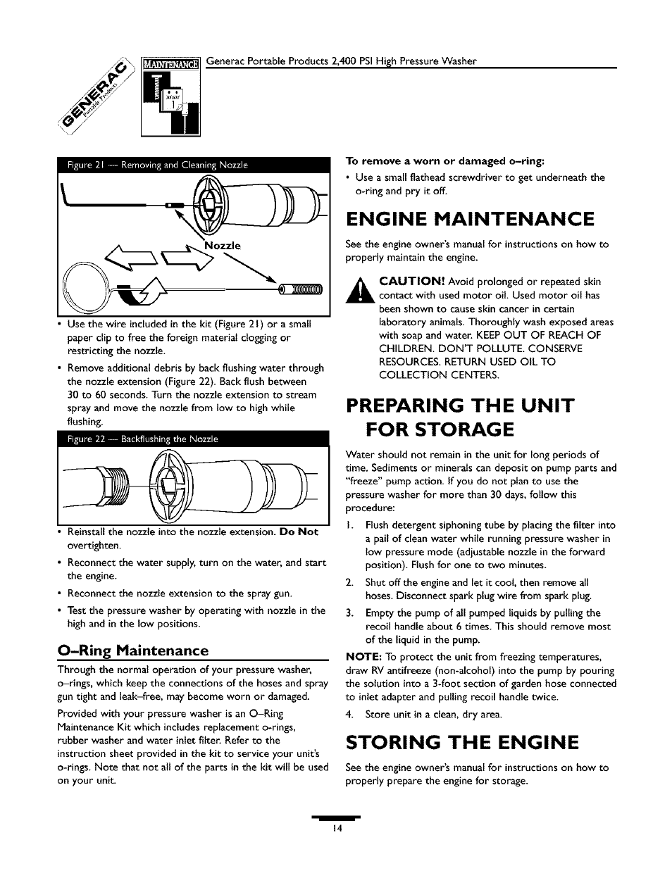 Engine maintenance, For storage, Storing the engine | O-ring maintenance | Generac 1537-0 User Manual | Page 14 / 36