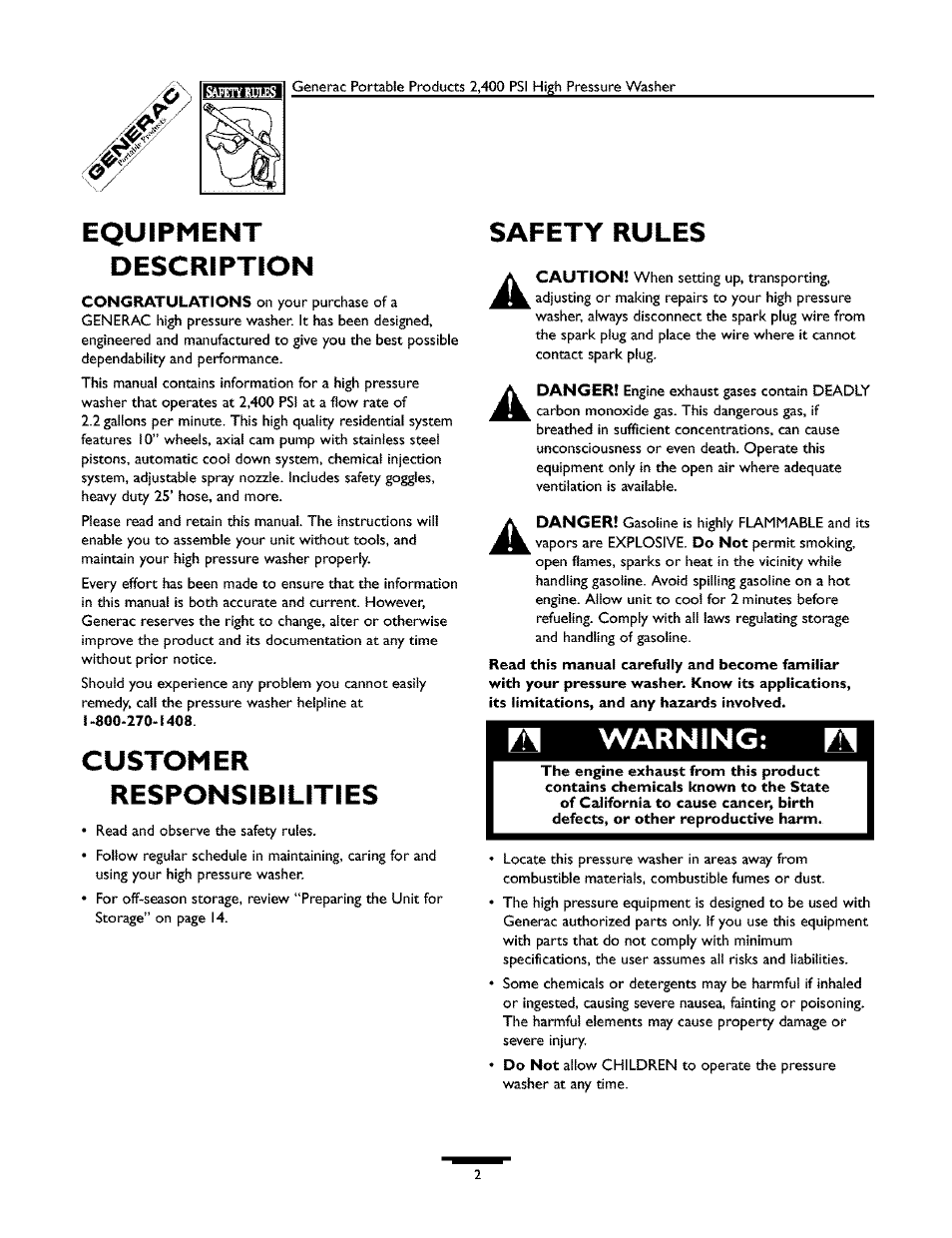 Equipment, Description, Customer | S/vfett rules, Warning, Equipment description, Responsibilities | Generac 1537-0 User Manual | Page 2 / 36