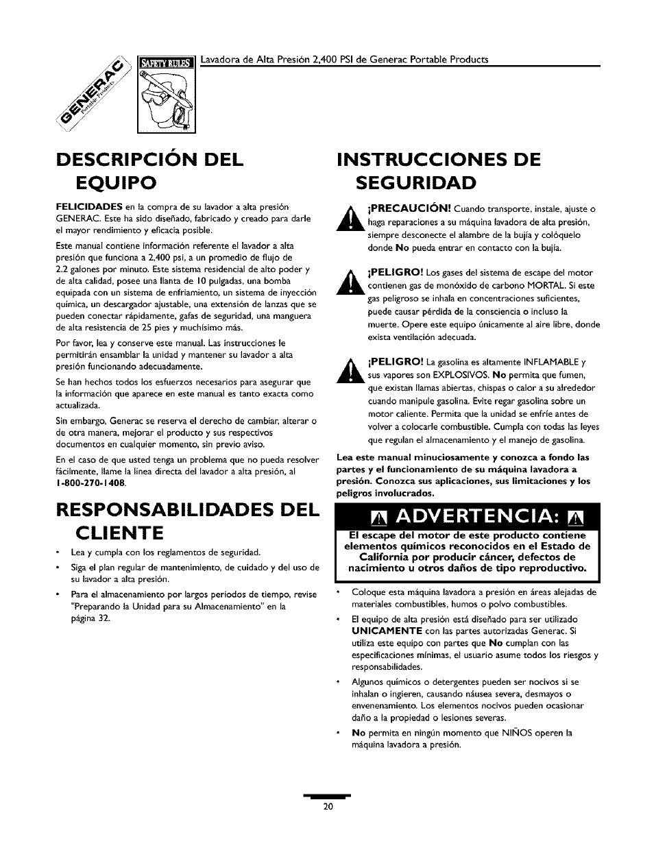 Desor.ipoion del equipo, Responsabilidades del cliente, Instrucciones de seguridad | Fñ advertencia: fñ | Generac 1537-0 User Manual | Page 20 / 36
