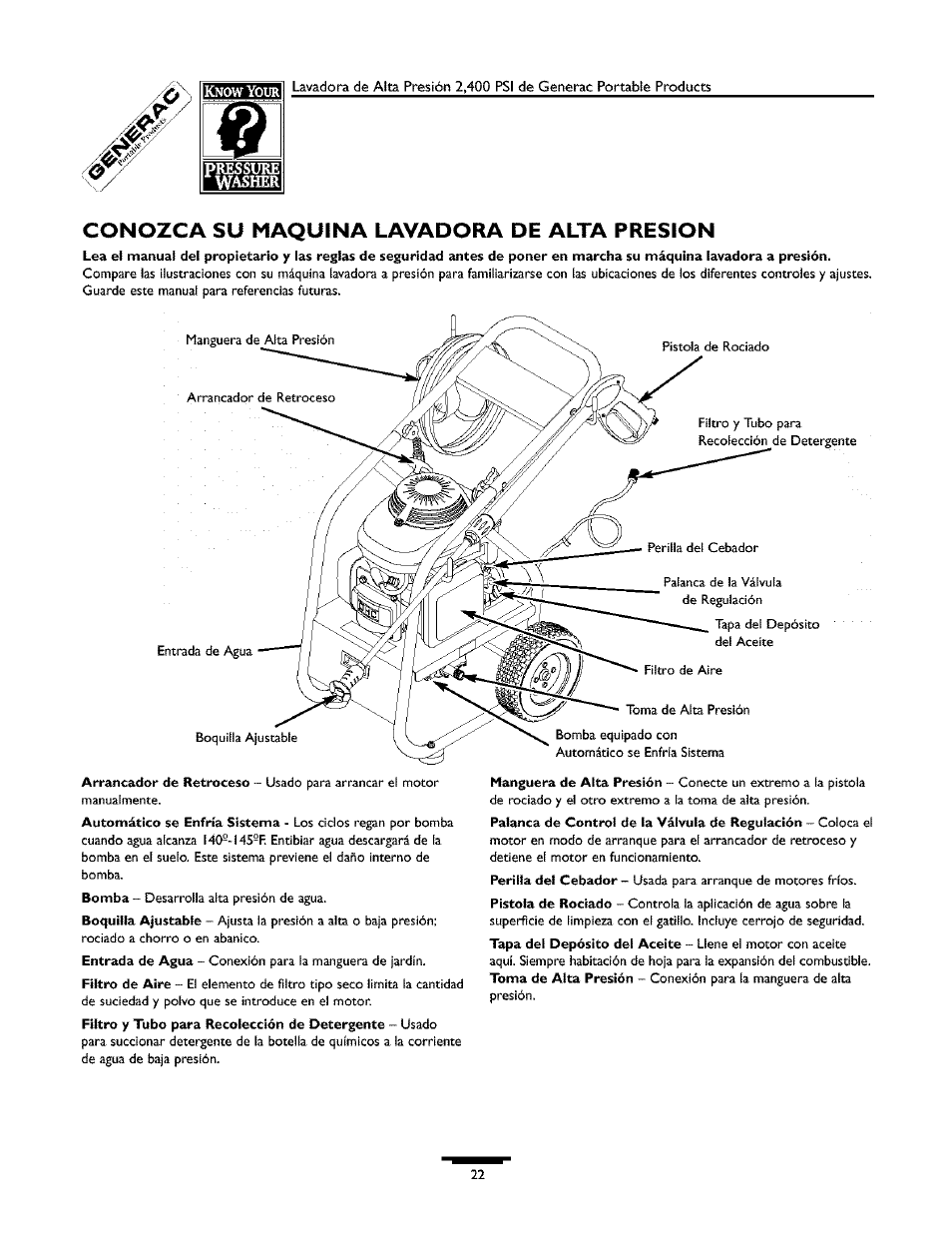 Conozca su maquina lavadora de alta presion | Generac 1537-0 User Manual | Page 22 / 36