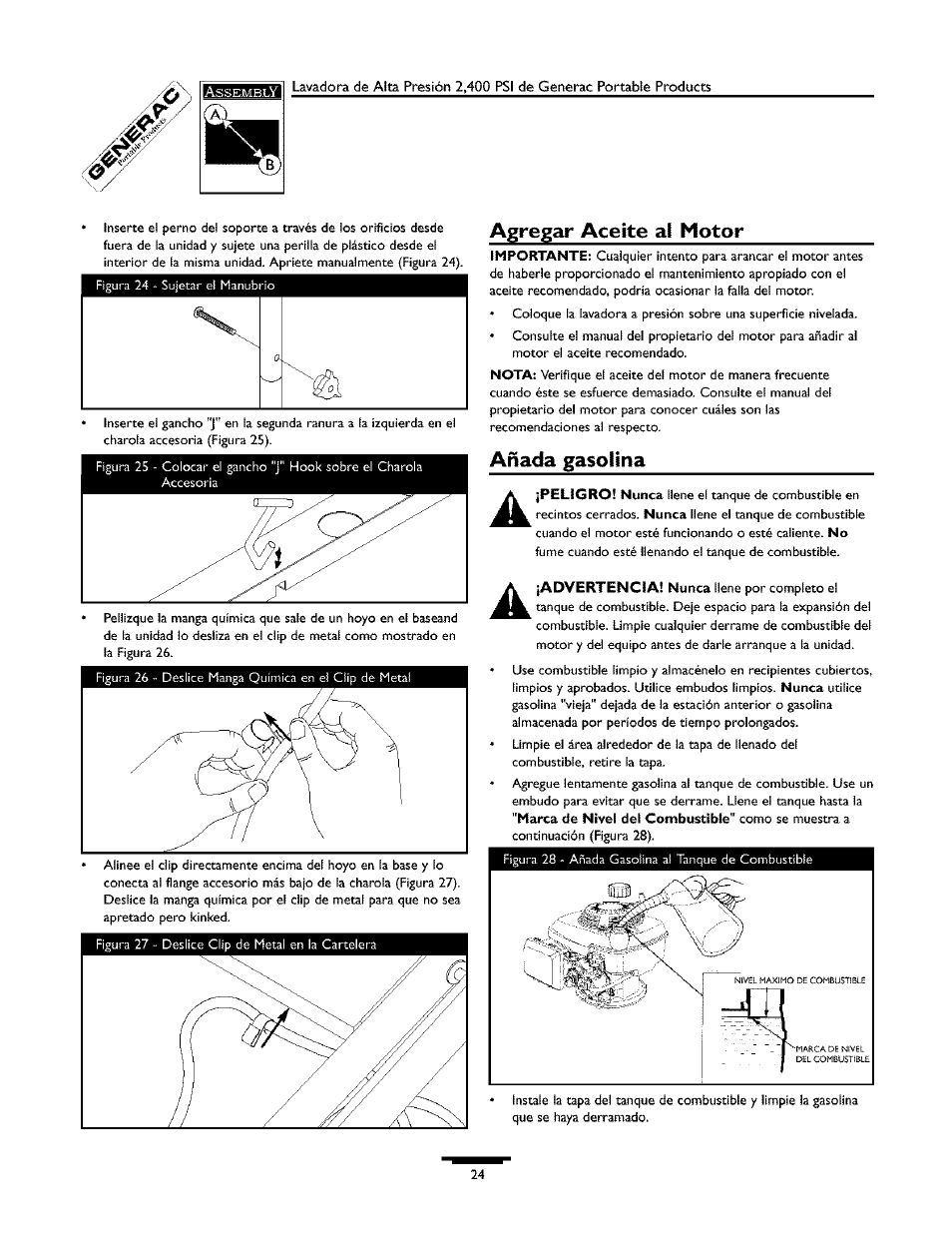 Agregar aceite al motor, Añada gasolina | Generac 1537-0 User Manual | Page 24 / 36