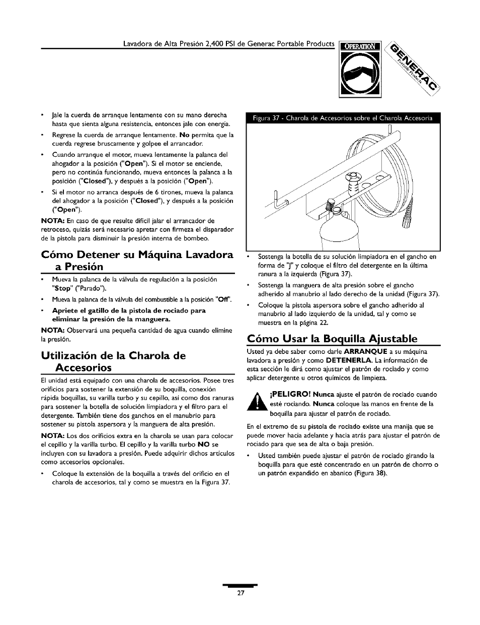 Cómo detener su máquina lavadora a presión, Utilización de la charola de accesorios, Cómo usar la boquilla ajustable | Generac 1537-0 User Manual | Page 27 / 36