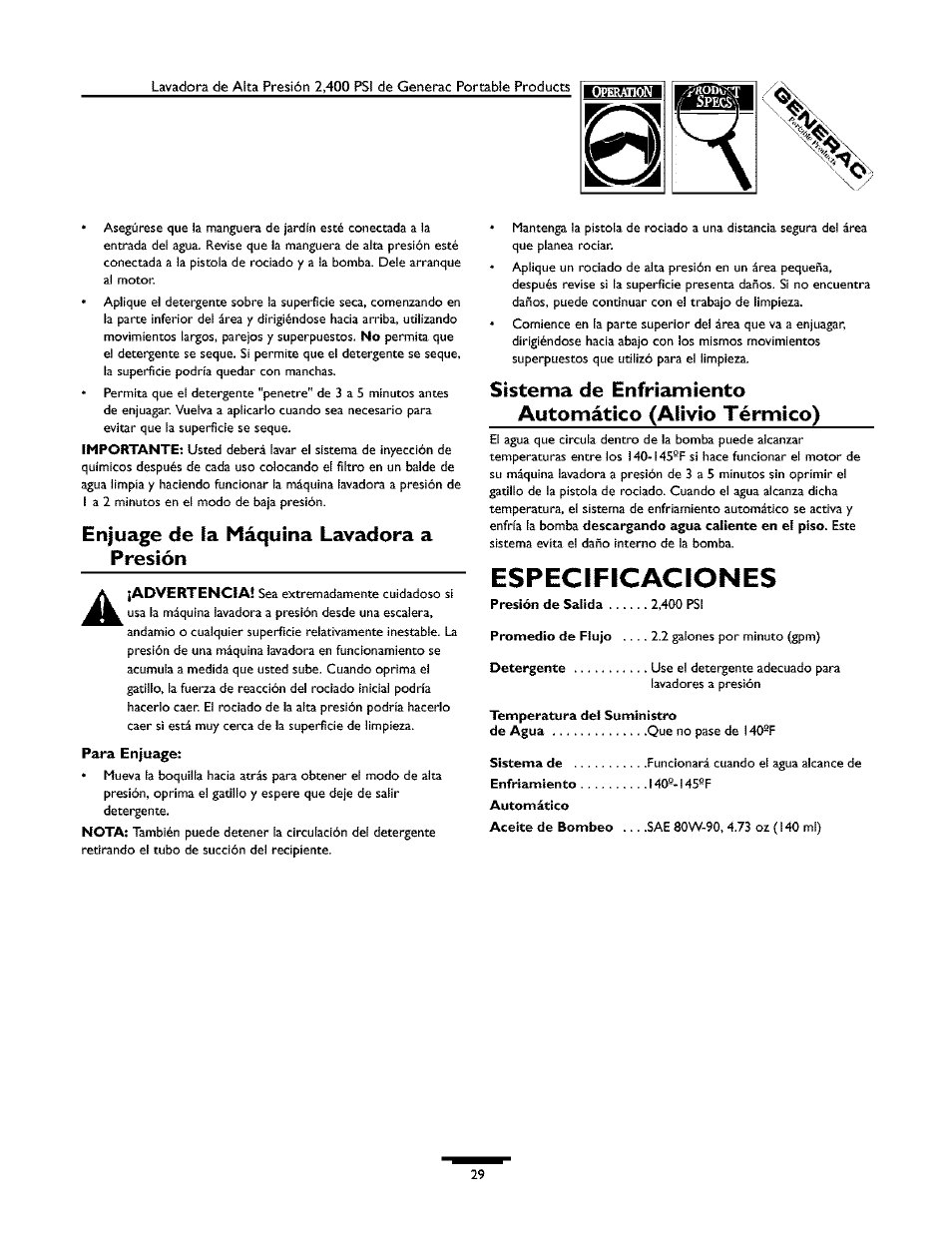Especificaciones, Enjuage de la máquina lavadora a presión | Generac 1537-0 User Manual | Page 29 / 36