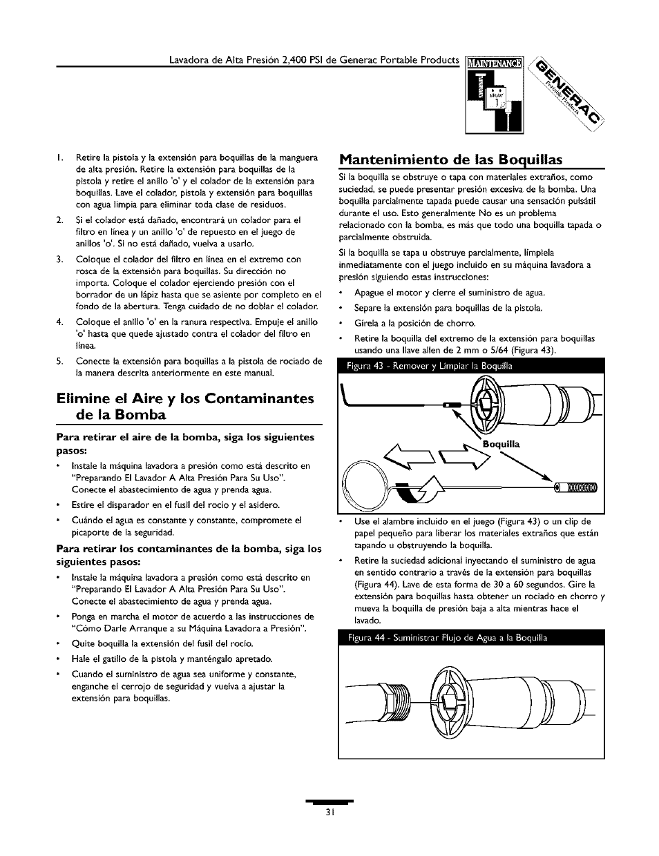Elimine el aire y los contaminantes de la bomba, Mantenimiento de las boquillas | Generac 1537-0 User Manual | Page 31 / 36