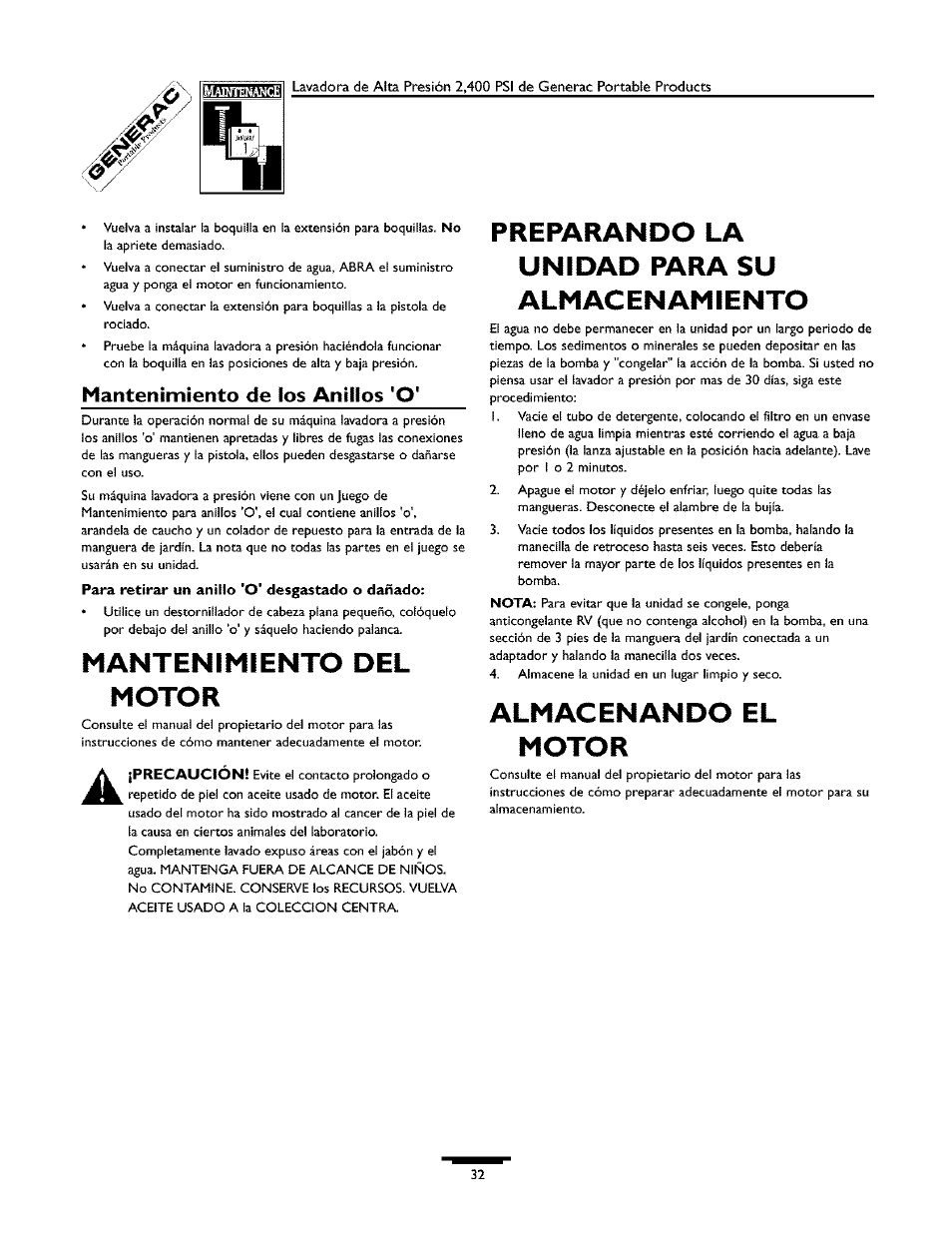 Mantenimiento del motor, Preparando la unidad para su alm ac en amiento, Enxxnd^^ е^ш motor | Motor, Enxxnd^^ е^ш, Mantenimiento de los anillos 'o | Generac 1537-0 User Manual | Page 32 / 36