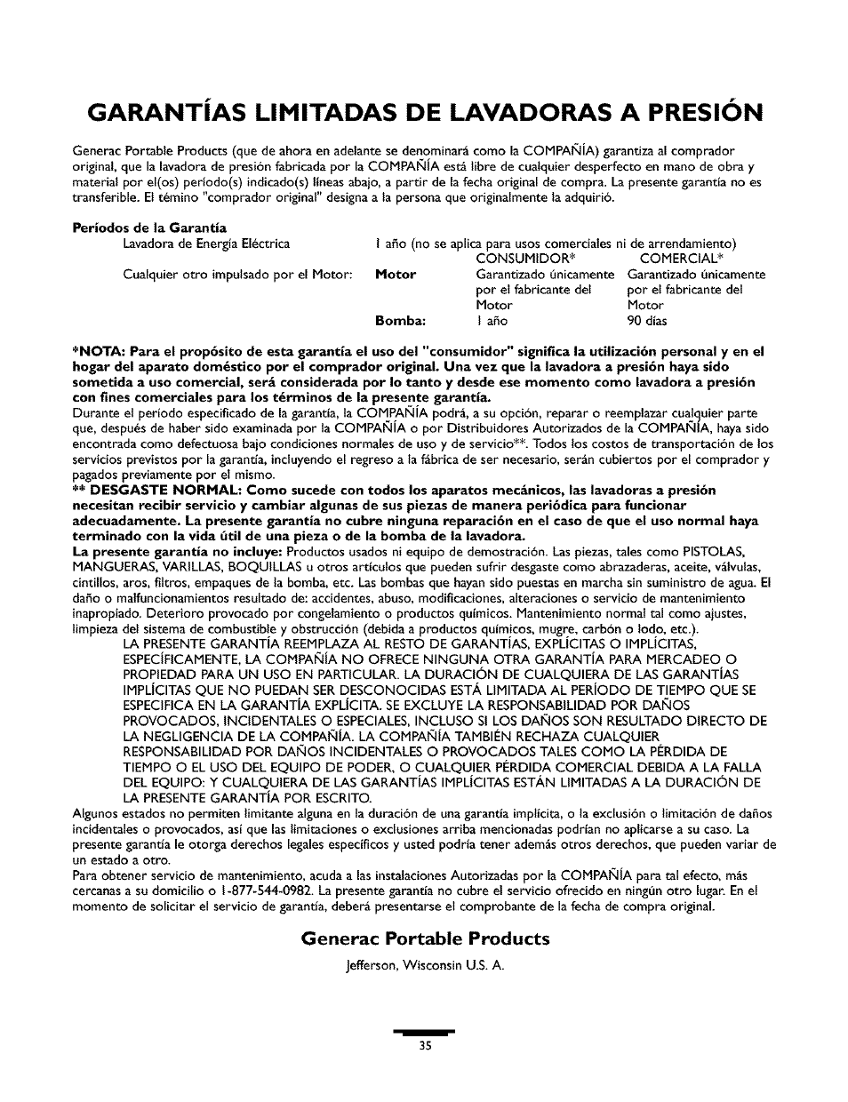 Garantias limitadas de lavadoras a presion, Generac portable products | Generac 1537-0 User Manual | Page 35 / 36