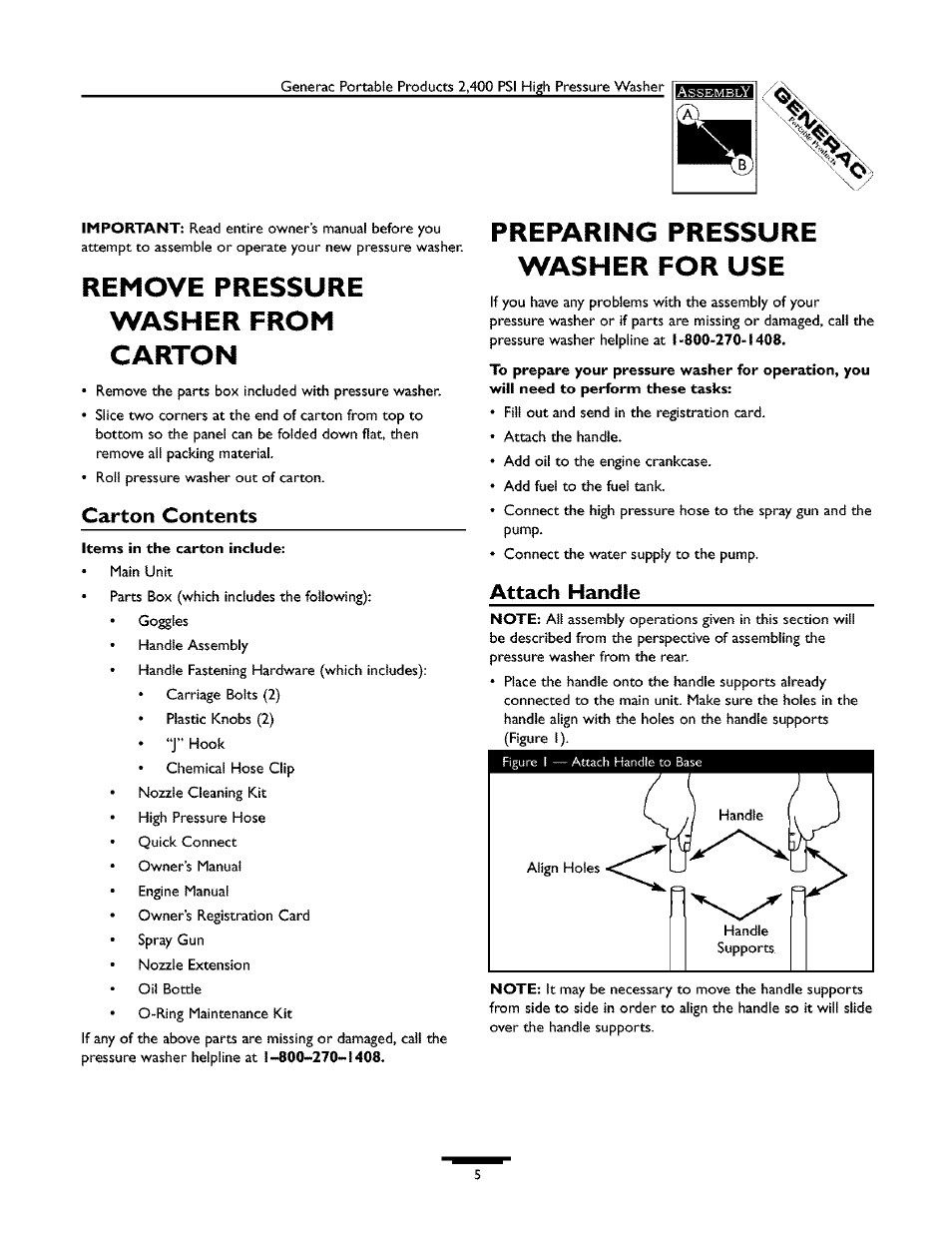 Remove pressure washer from carton, Preparing pressure washer for use, Carton contents | Attach handle | Generac 1537-0 User Manual | Page 5 / 36