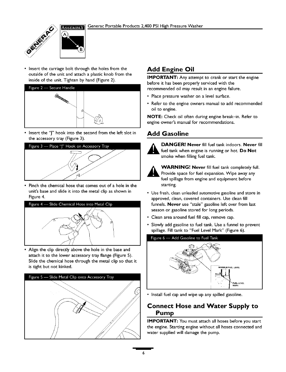 Add engine oil, Add gasoline, Connect hose and water supply to pump | Generac 1537-0 User Manual | Page 6 / 36