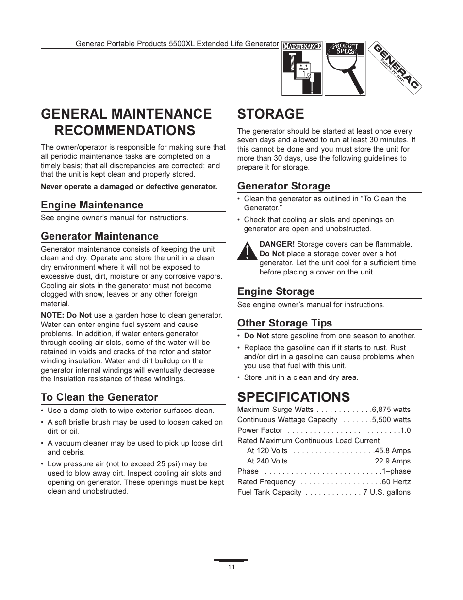 General maintenance recommendations, Storage, Specifications | Engine maintenance, Generator maintenance, Generator storage, Engine storage, Other storage tips | Generac 5500XL User Manual | Page 11 / 18