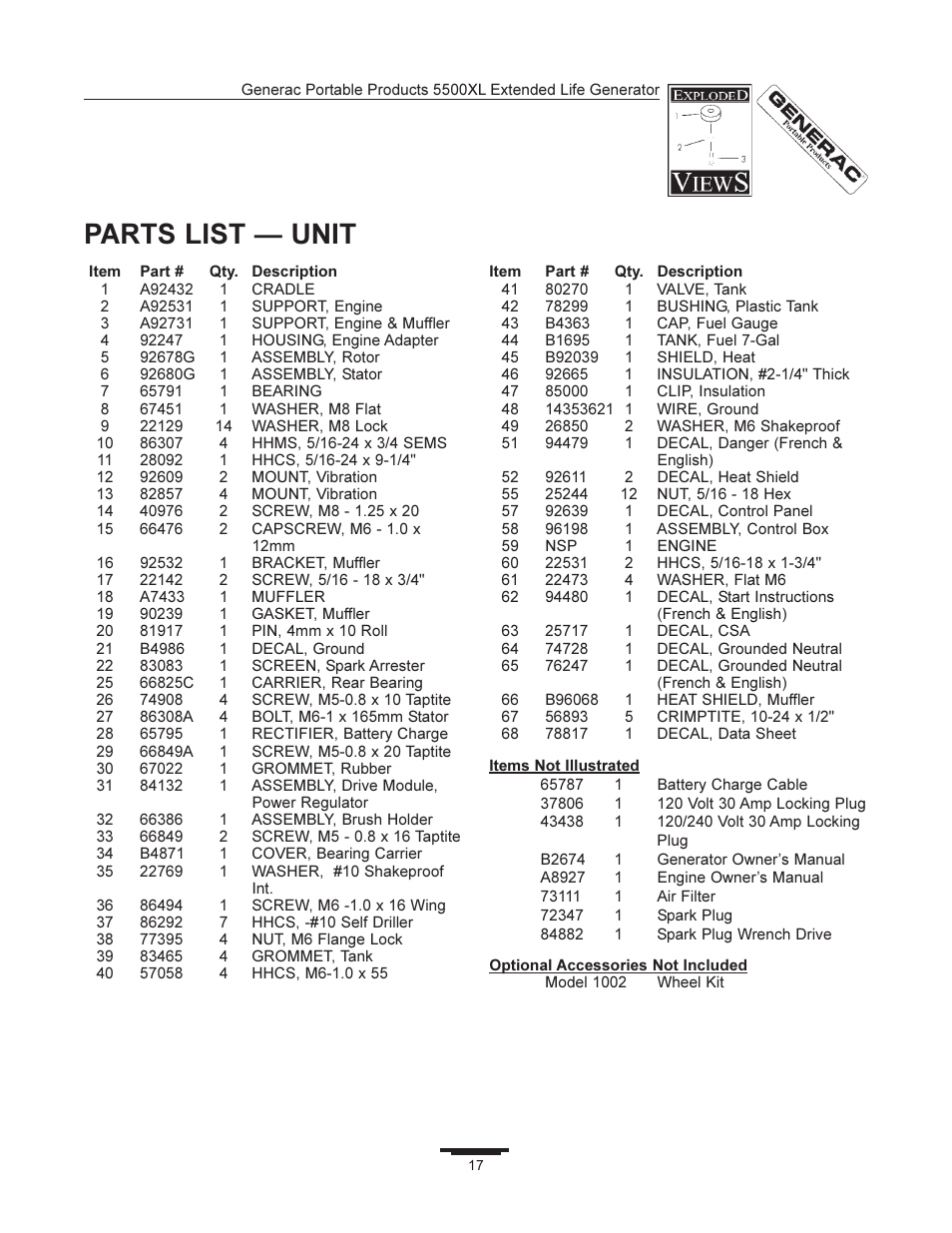 Parts list  unit | Generac 5500XL User Manual | Page 17 / 18