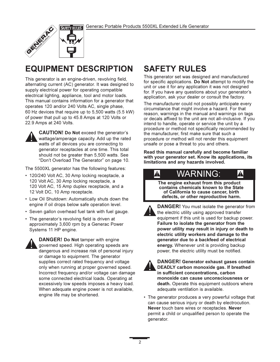 Warning, Equipment description, Safety rules | Generac 5500XL User Manual | Page 2 / 18