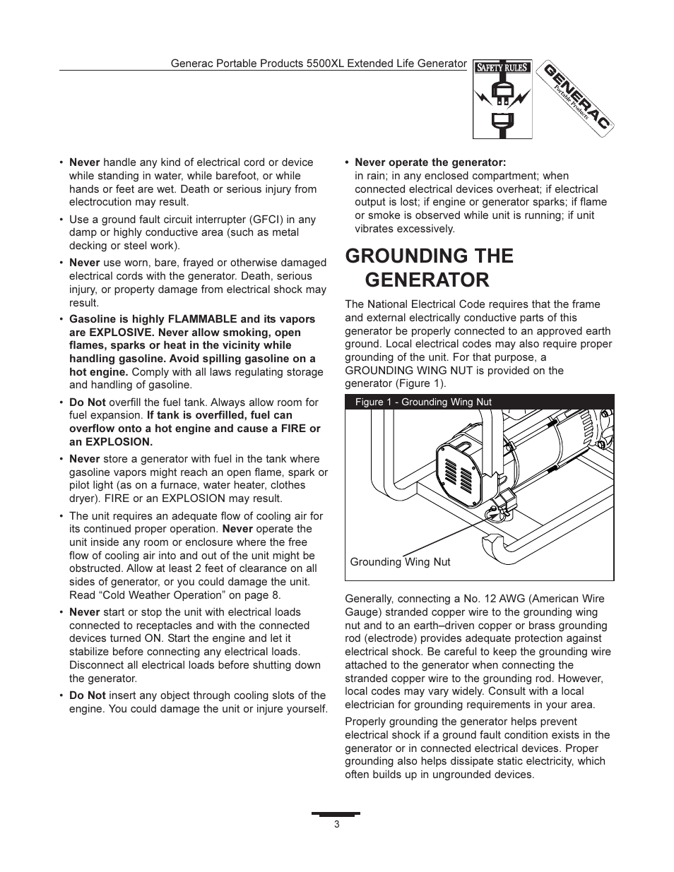 Grounding the generator | Generac 5500XL User Manual | Page 3 / 18
