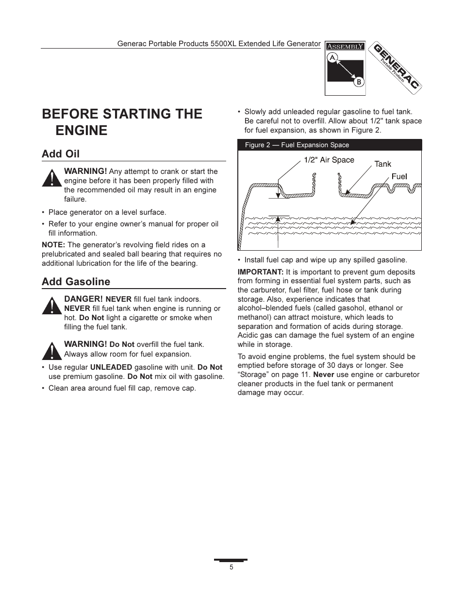 Before starting the engine, Add oil, Add gasoline | Generac 5500XL User Manual | Page 5 / 18