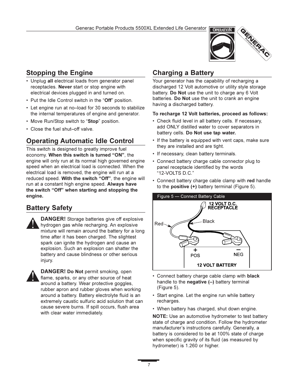 Stopping the engine, Operating automatic idle control, Battery safety | Charging a battery | Generac 5500XL User Manual | Page 7 / 18