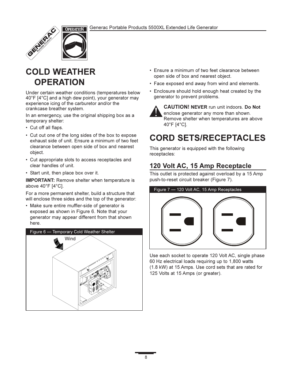 Cold weather operation, Cord sets/receptacles | Generac 5500XL User Manual | Page 8 / 18