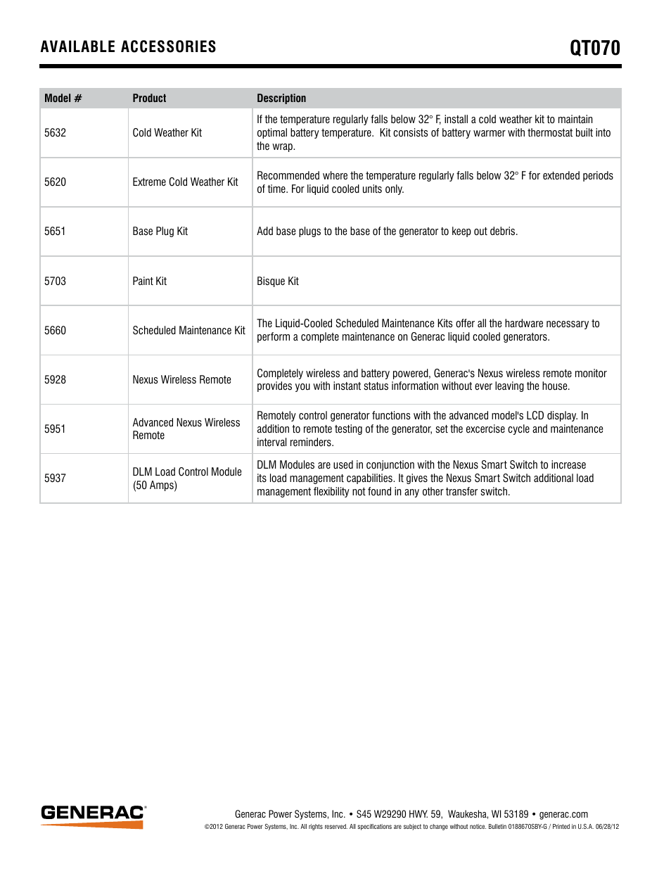 Qt070, Available accessories | Generac LIGHT COOLED GENERATOR SET QT070 User Manual | Page 6 / 6