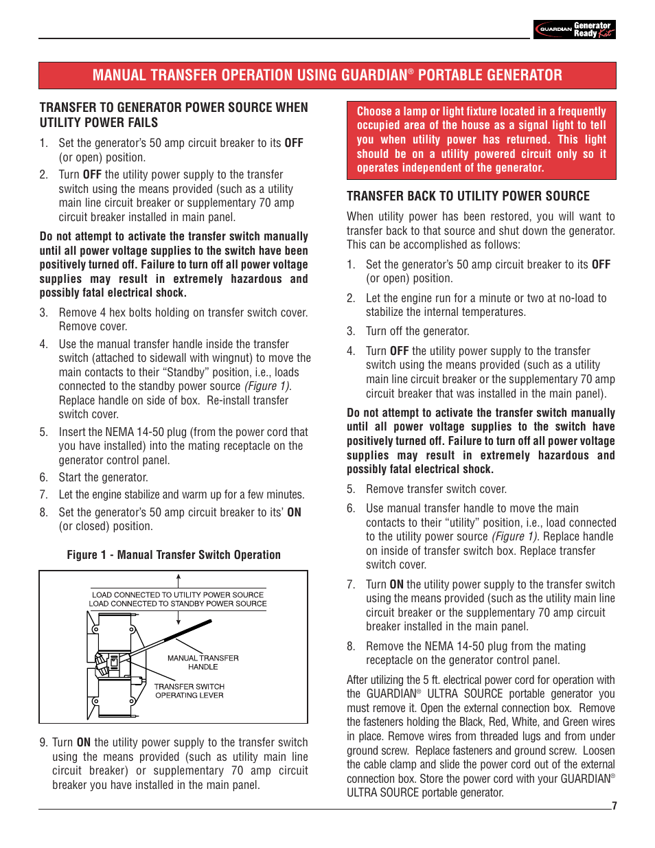 Manual transfer operation using guardian, Portable generator | Generac 1276-1 User Manual | Page 6 / 10