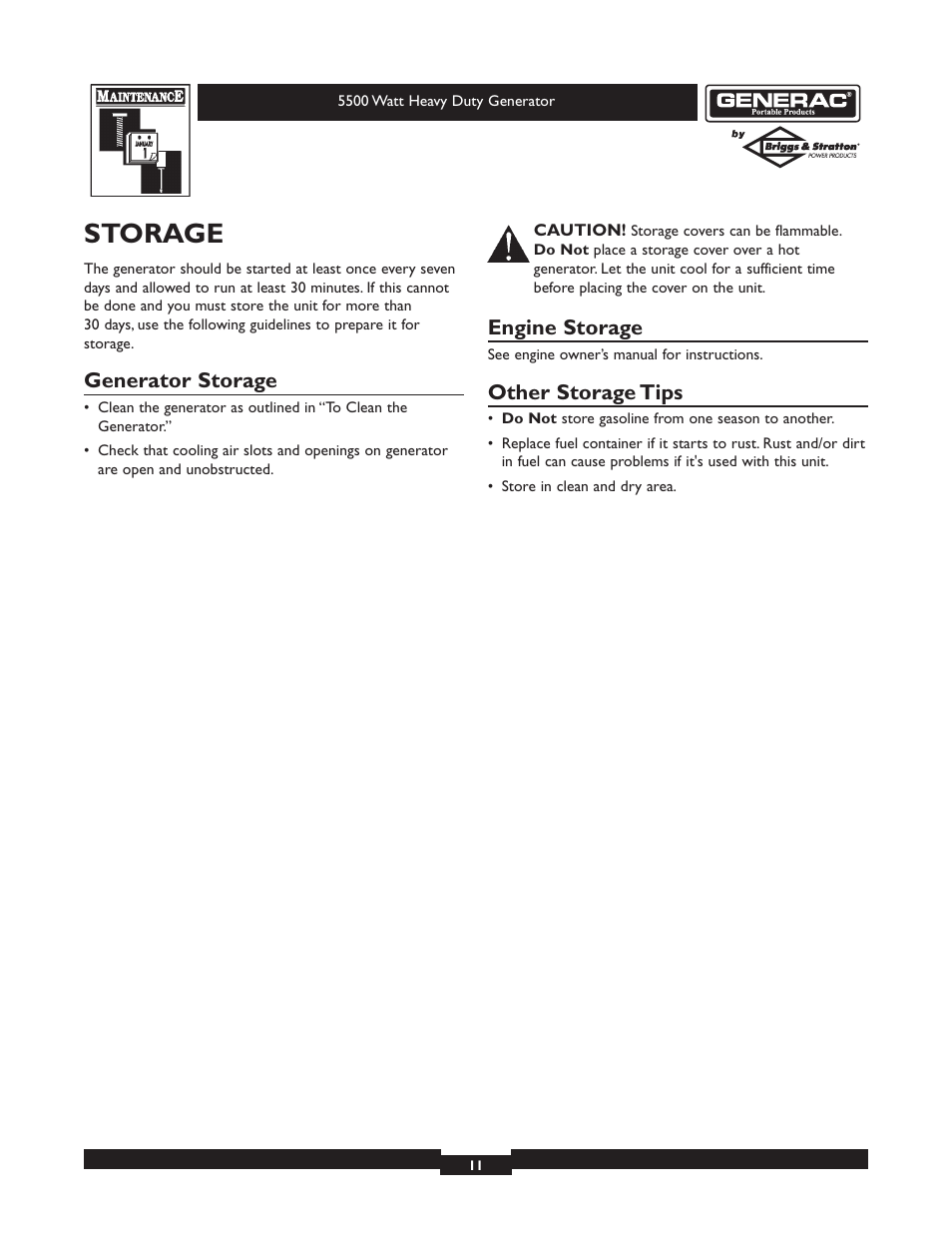 Storage, Generator storage, Engine storage | Other storage tips | Generac heavy duty geenrator 1654-0 User Manual | Page 11 / 32