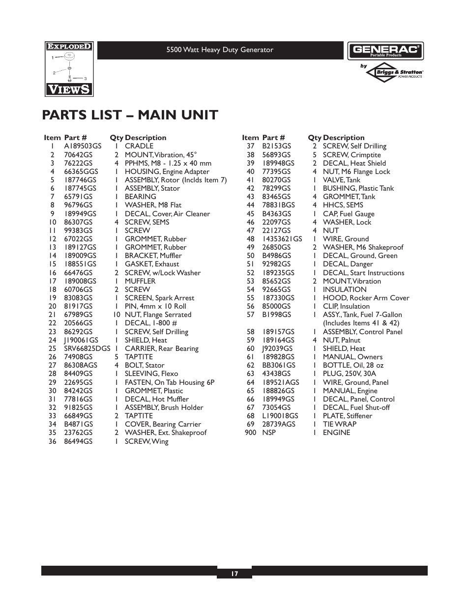 Parts list – main unit | Generac heavy duty geenrator 1654-0 User Manual | Page 17 / 32