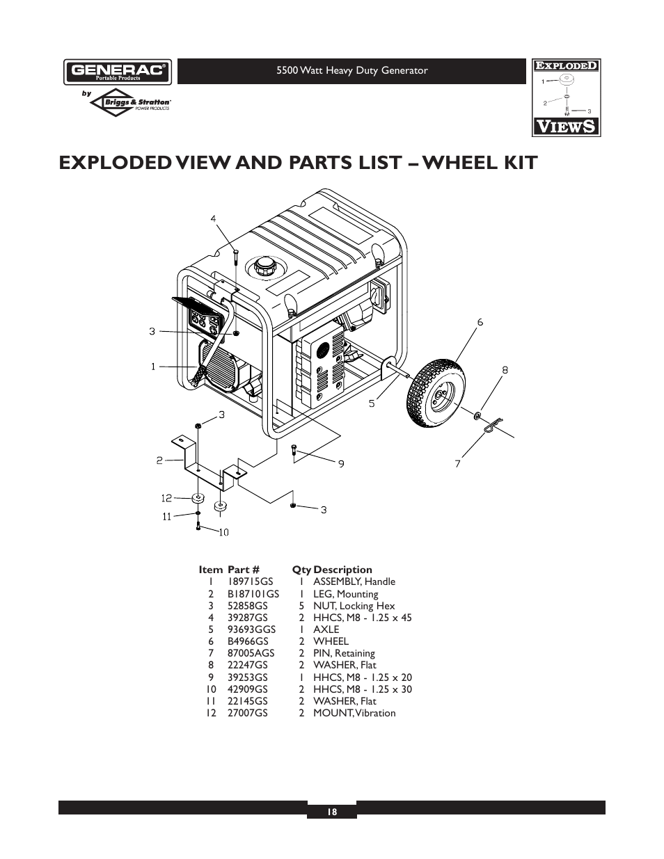 Exploded view and parts list – wheel kit | Generac heavy duty geenrator 1654-0 User Manual | Page 18 / 32