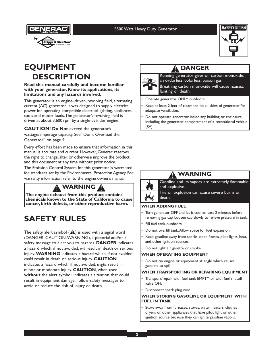 Equipment description, Safety rules, Warning | Danger | Generac heavy duty geenrator 1654-0 User Manual | Page 2 / 32