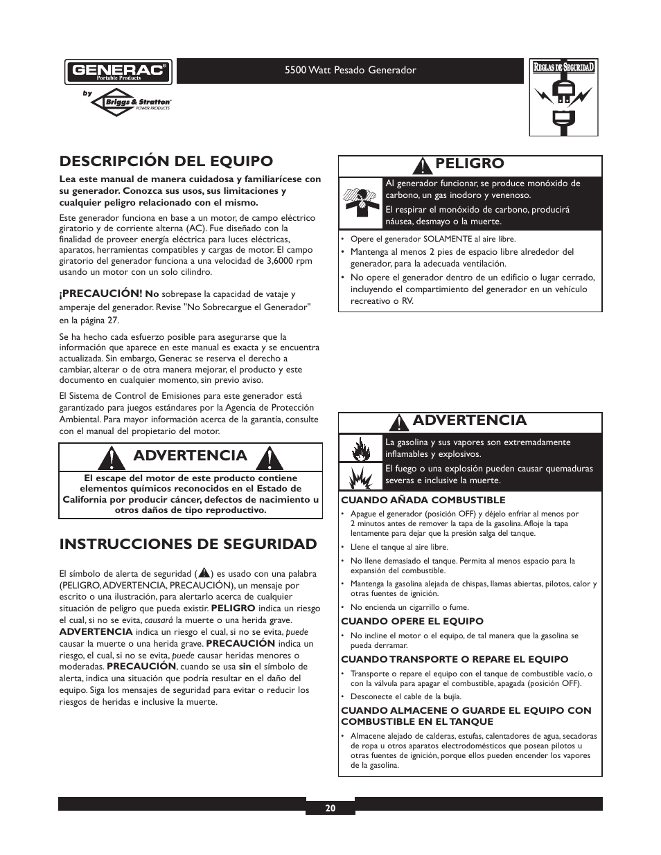 Descripción del equipo, Instrucciones de seguridad, Advertencia | Peligro | Generac heavy duty geenrator 1654-0 User Manual | Page 20 / 32