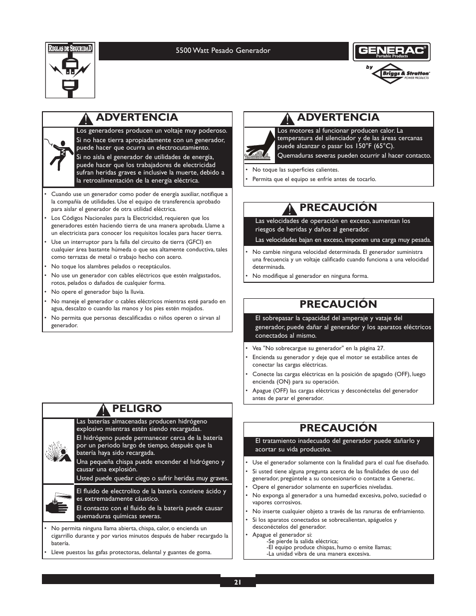 Peligro, Advertencia, Precaución | Generac heavy duty geenrator 1654-0 User Manual | Page 21 / 32