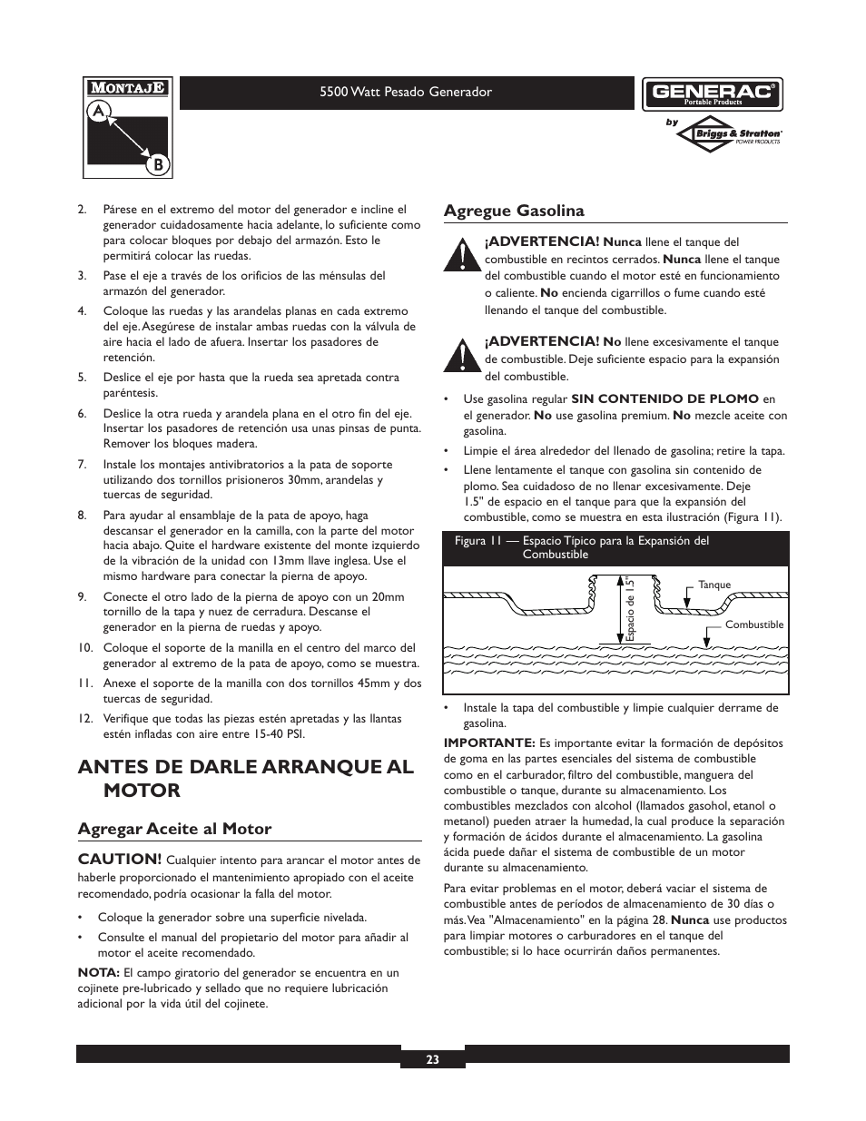 Antes de darle arranque al motor, Agregar aceite al motor, Agregue gasolina | Generac heavy duty geenrator 1654-0 User Manual | Page 23 / 32