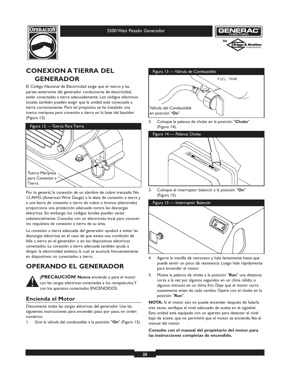 Conexion a tierra del generador, Operando el generador | Generac heavy duty geenrator 1654-0 User Manual | Page 25 / 32