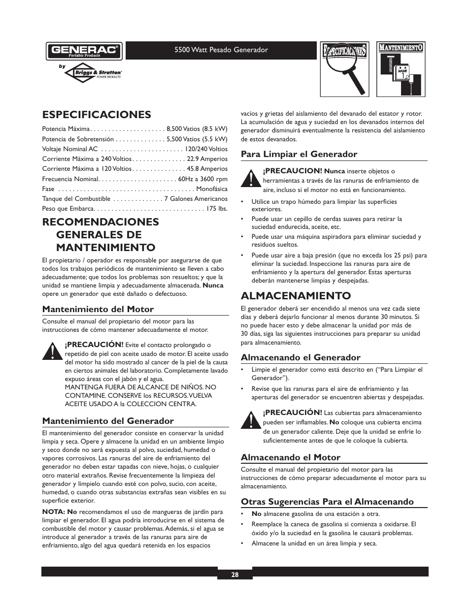 Especificaciones, Recomendaciones generales de mantenimiento, Almacenamiento | Generac heavy duty geenrator 1654-0 User Manual | Page 28 / 32