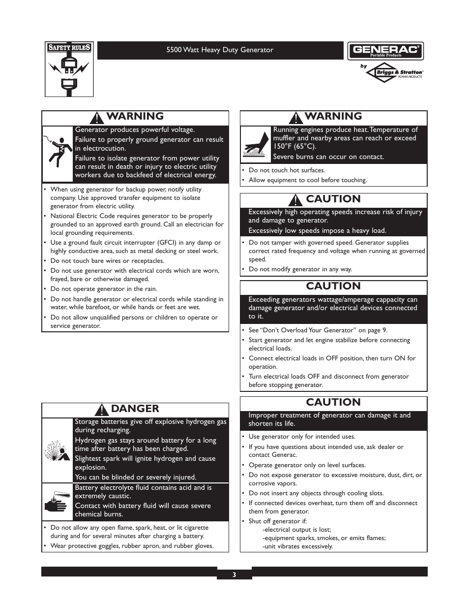 Warning, Danger, Caution | Generac heavy duty geenrator 1654-0 User Manual | Page 3 / 32