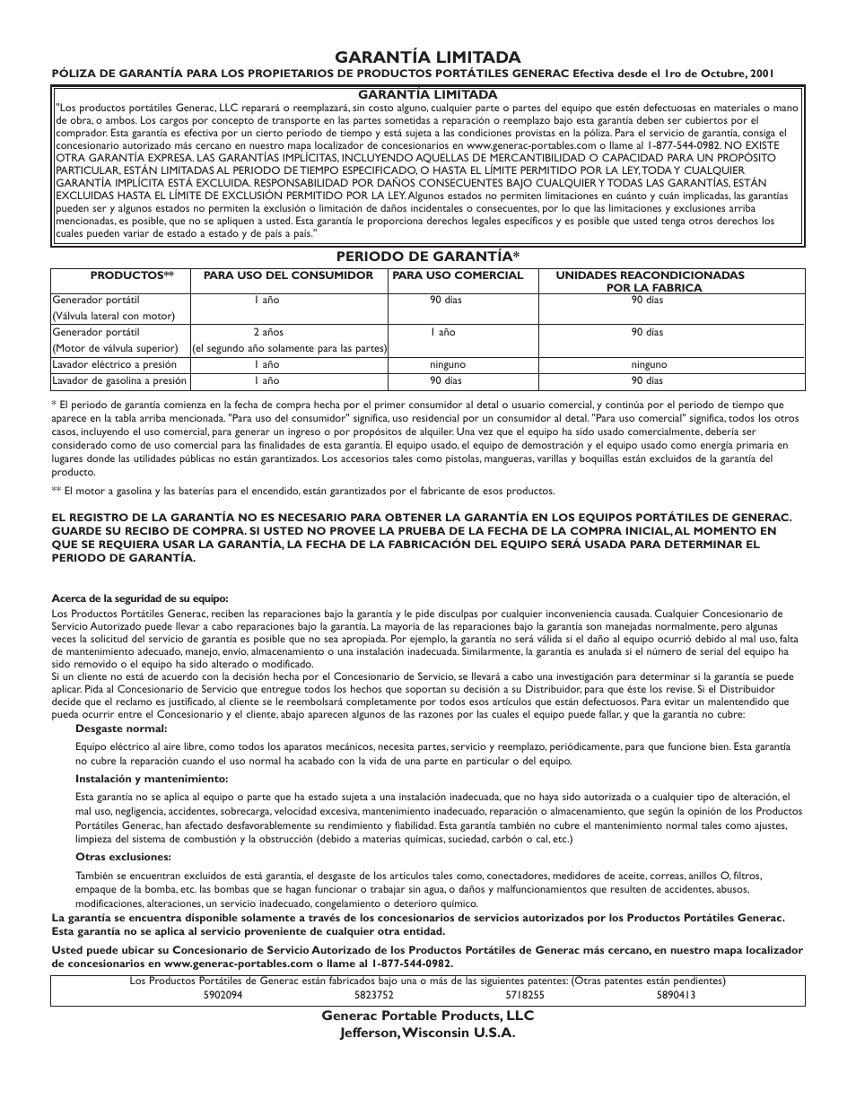 Garantía limitada | Generac heavy duty geenrator 1654-0 User Manual | Page 31 / 32