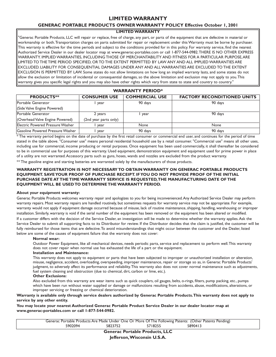 Limited warranty | Generac heavy duty geenrator 1654-0 User Manual | Page 32 / 32