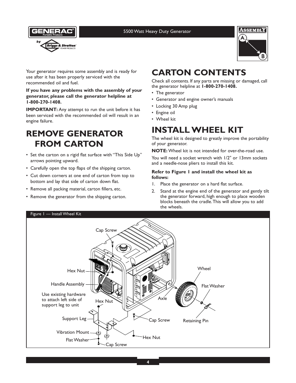 Remove generator from carton, Carton contents, Install wheel kit | Generac heavy duty geenrator 1654-0 User Manual | Page 4 / 32