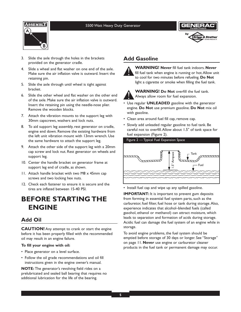 Before starting the engine, Add oil, Add gasoline | Generac heavy duty geenrator 1654-0 User Manual | Page 5 / 32