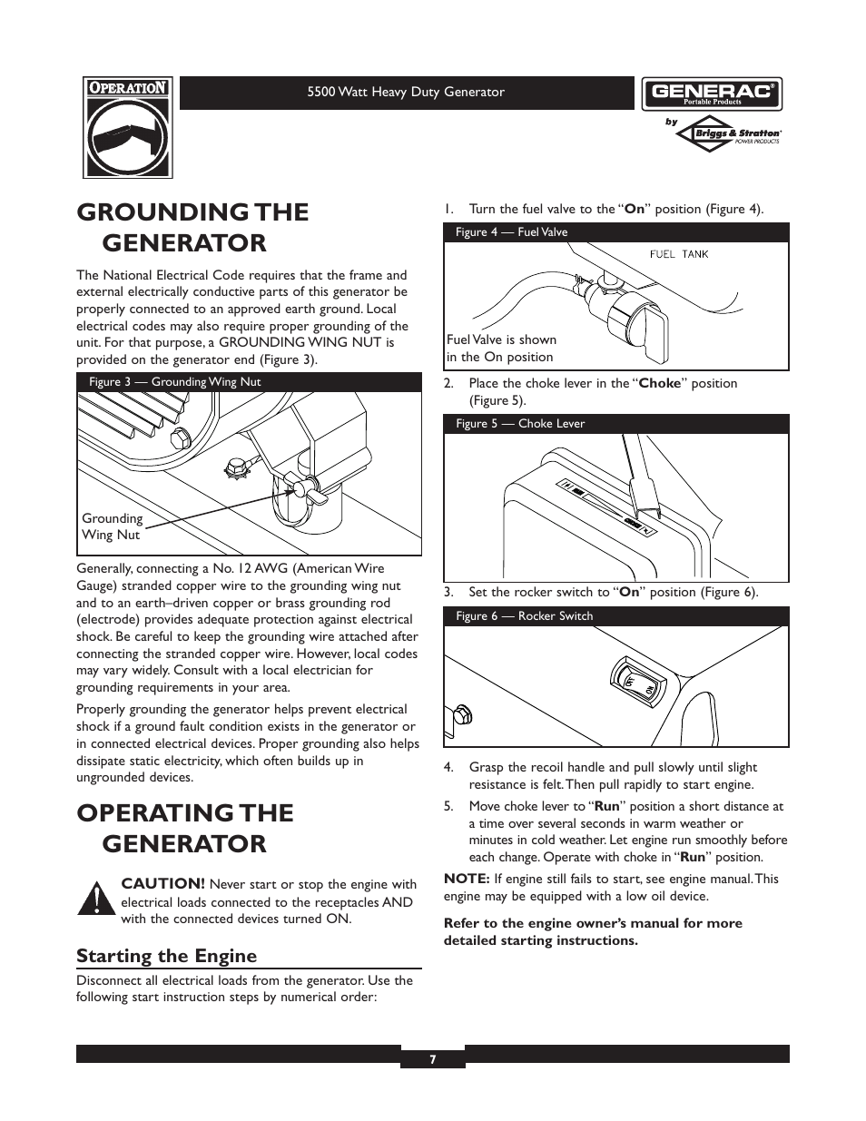 Grounding the generator, Operating the generator, Starting the engine | Generac heavy duty geenrator 1654-0 User Manual | Page 7 / 32