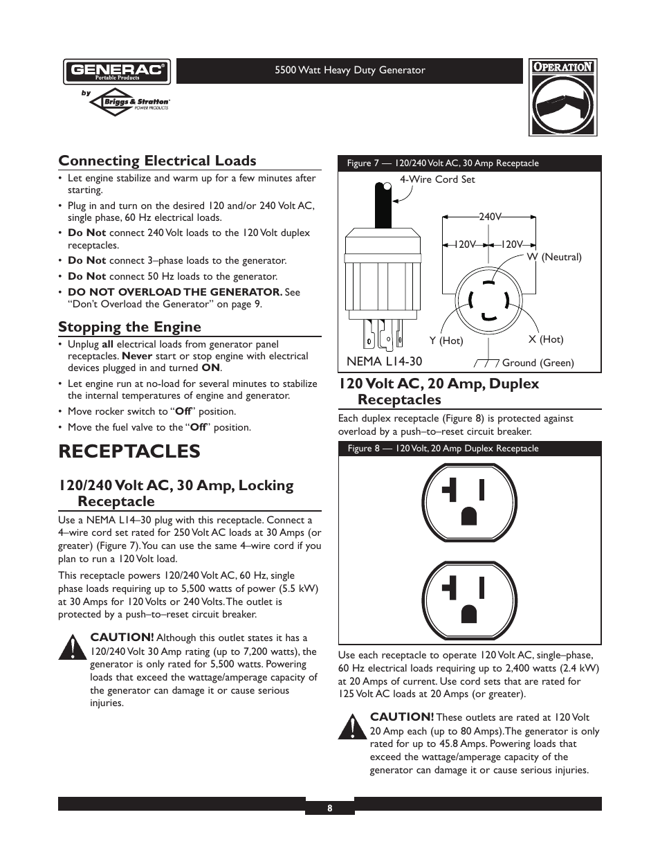 Receptacles, Connecting electrical loads, Stopping the engine | Generac heavy duty geenrator 1654-0 User Manual | Page 8 / 32