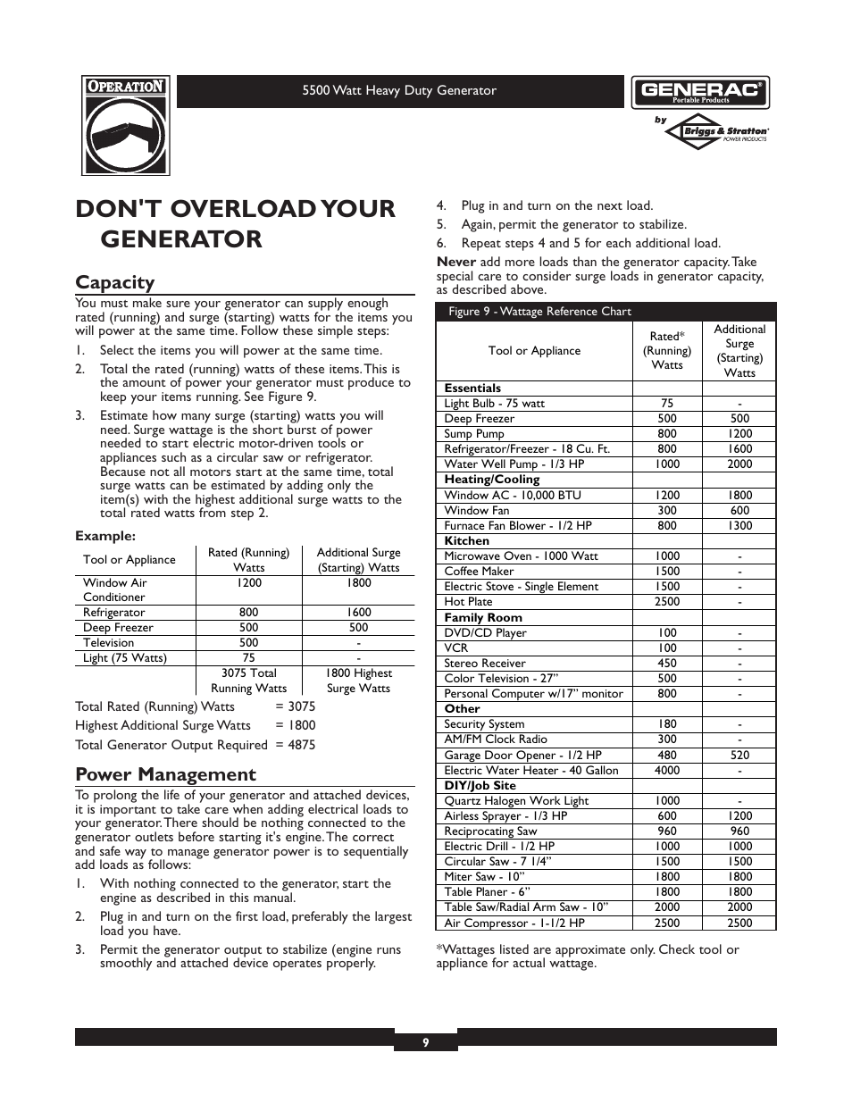 Don't overload your generator, Capacity, Power management | Generac heavy duty geenrator 1654-0 User Manual | Page 9 / 32