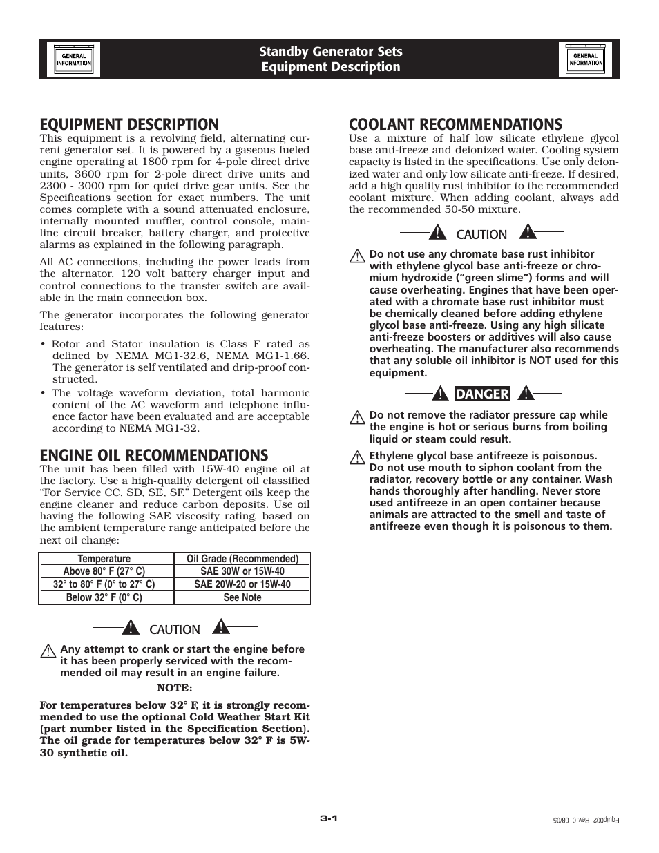 Equipment description, Engine oil recommendations, Coolant recommendations | Generac QT User Manual | Page 7 / 56