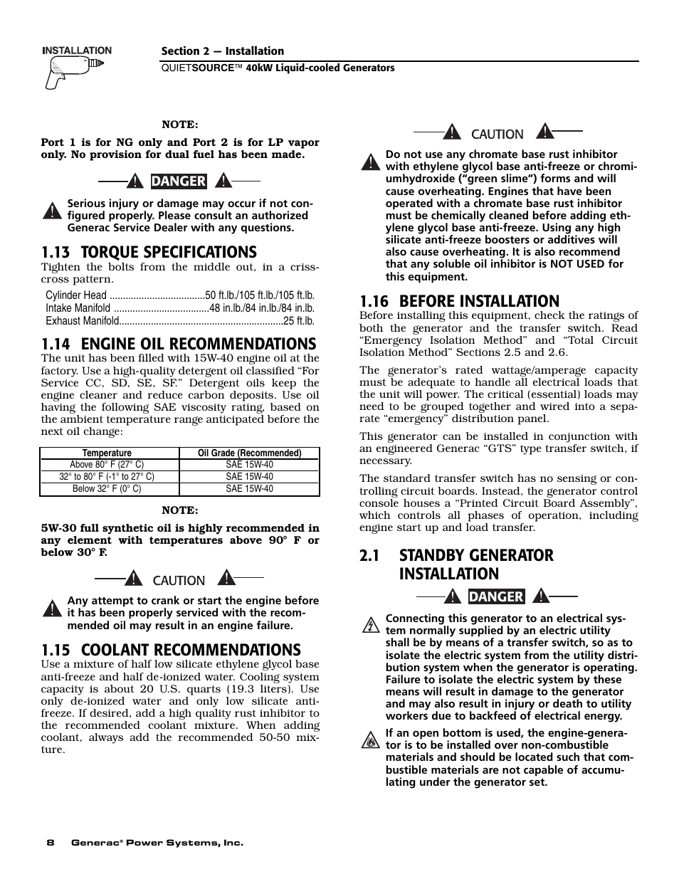 13 torque specifications, 14 engine oil recommendations, 15 coolant recommendations | 16 before installation, 1 standby generator installation | Generac 37kW NG User Manual | Page 10 / 48