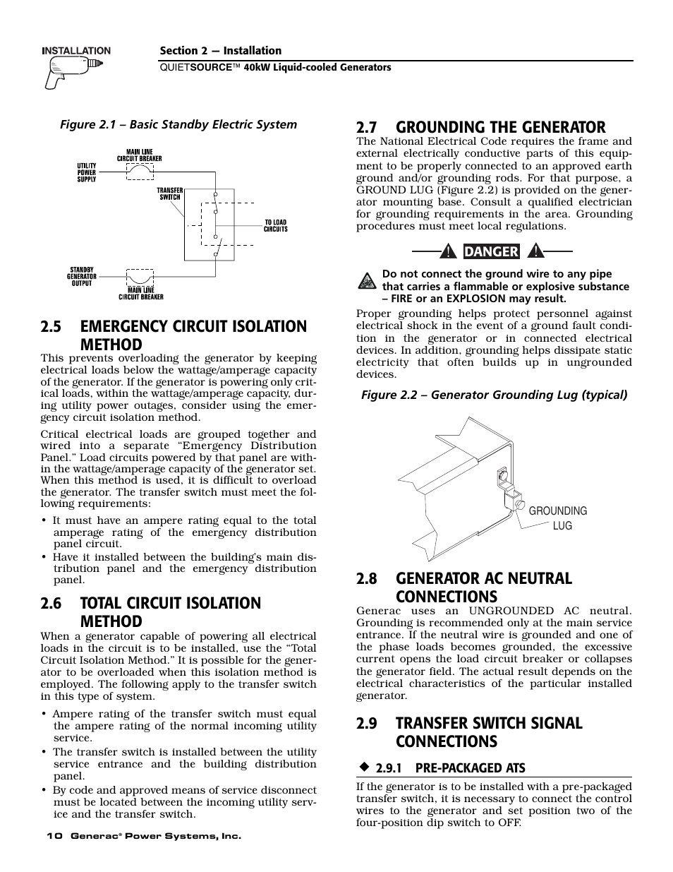 5 emergency circuit isolation method, 6 total circuit isolation method, 7 grounding the generator | 8 generator ac neutral connections, 9 transfer switch signal connections | Generac 37kW NG User Manual | Page 12 / 48