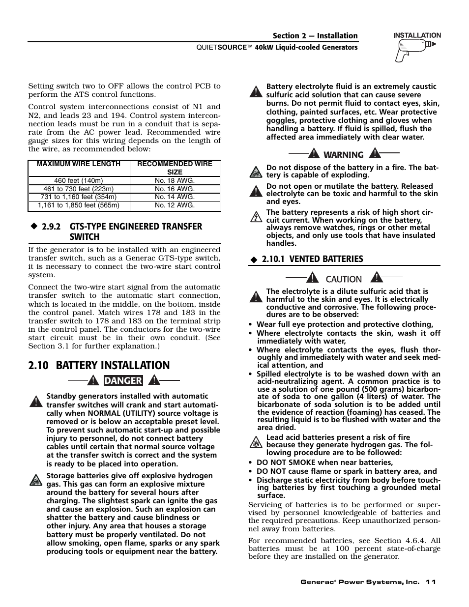 10 battery installation, Danger | Generac 37kW NG User Manual | Page 13 / 48