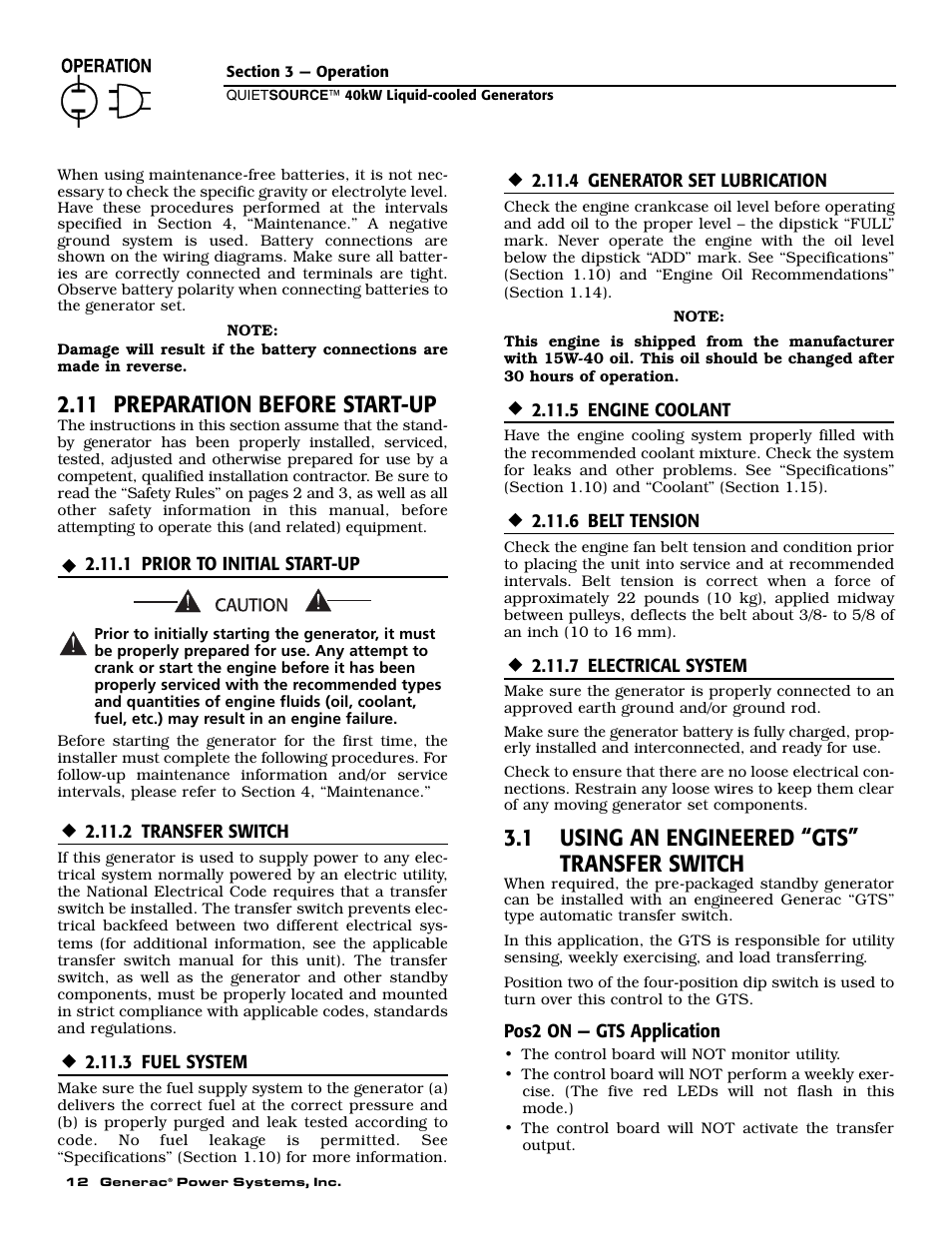 11 preparation before start-up, 1 using an engineered “gts” transfer switch | Generac 37kW NG User Manual | Page 14 / 48