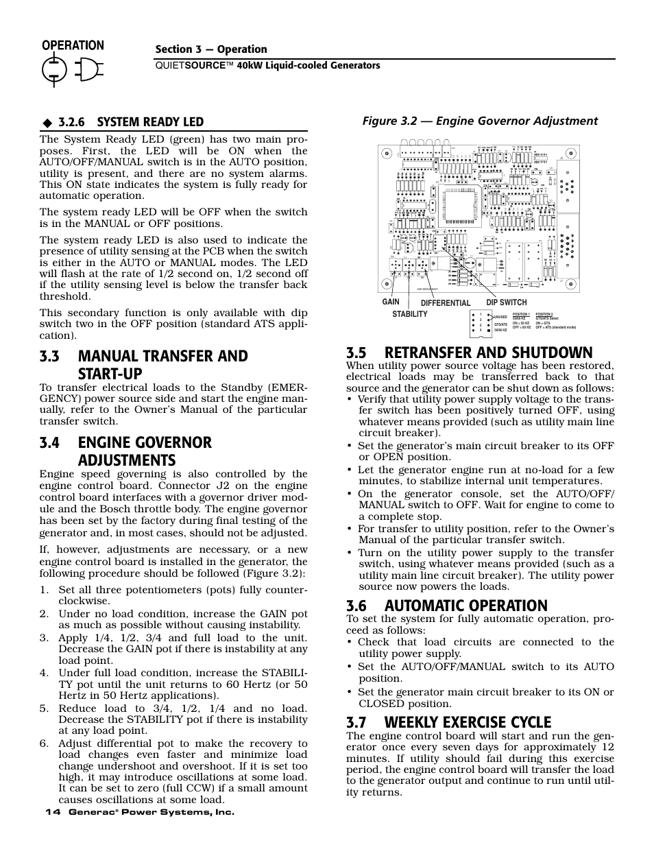 3 manual transfer and start-up, 4 engine governor adjustments, 5 retransfer and shutdown | 6 automatic operation, 7 weekly exercise cycle, 6 system ready led, Figure 3.2 — engine governor adjustment | Generac 37kW NG User Manual | Page 16 / 48