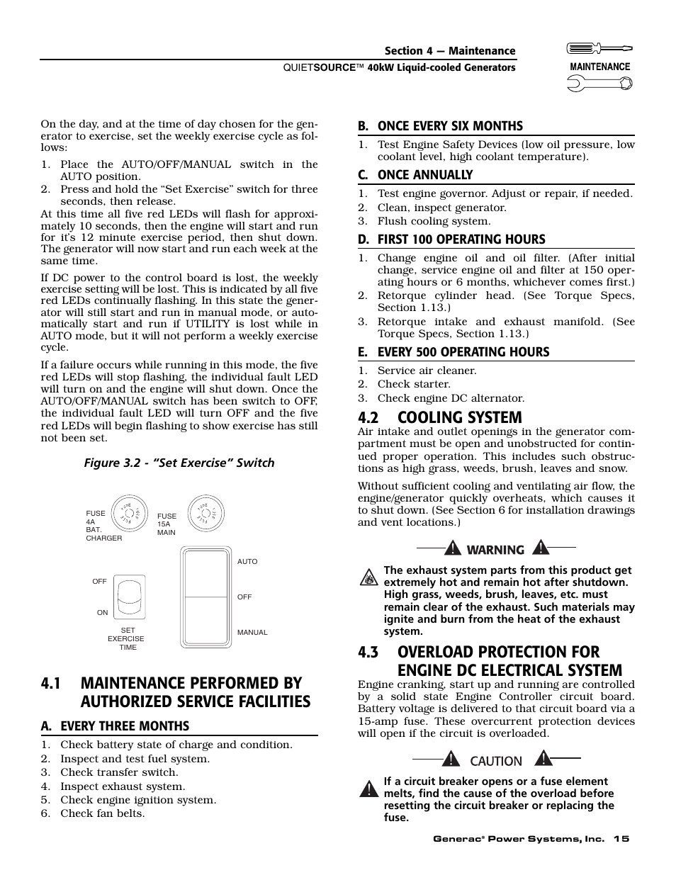 2 cooling system, A. every three months, B. once every six months | C. once annually, D. first 100 operating hours, E. every 500 operating hours, Figure 3.2 - “set exercise” switch | Generac 37kW NG User Manual | Page 17 / 48