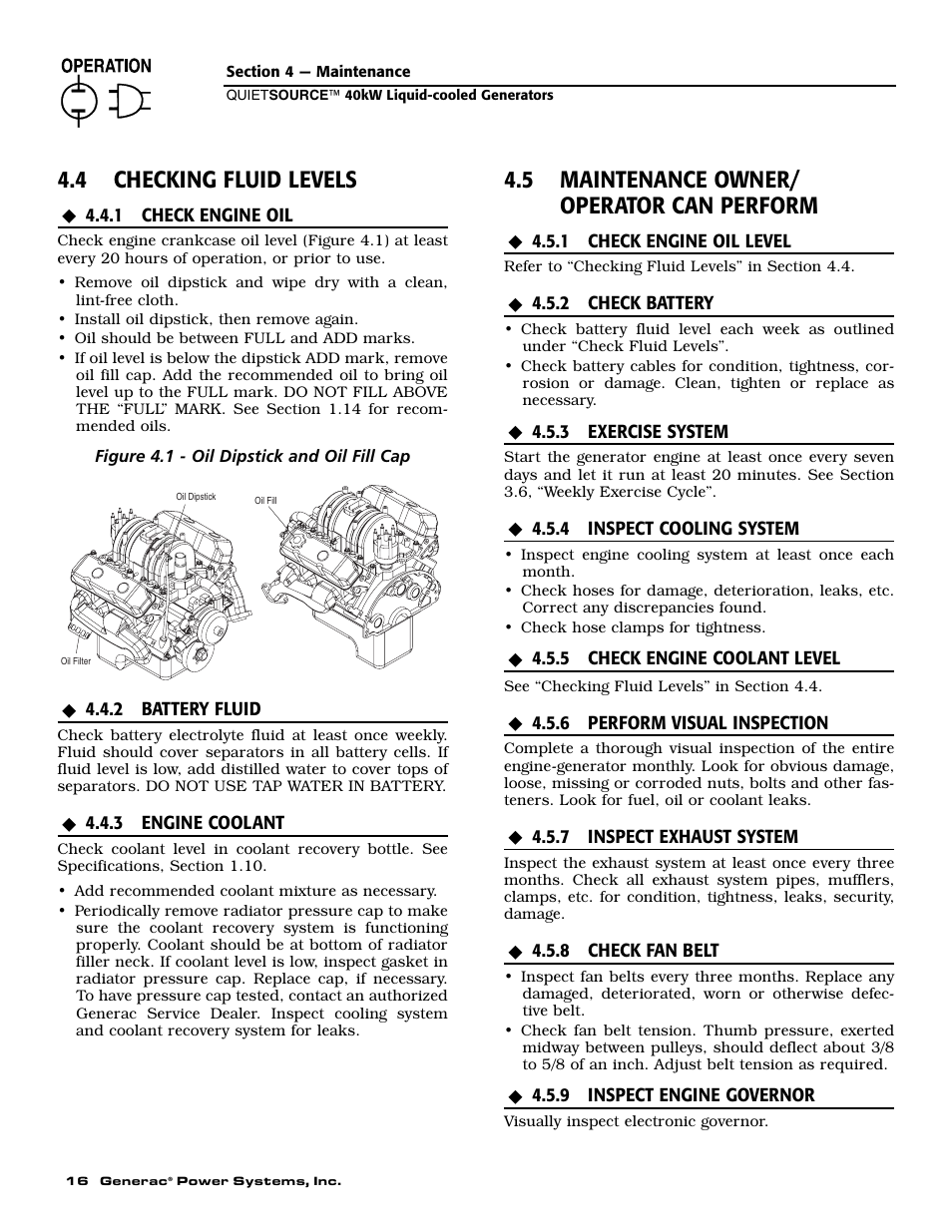 4 checking fluid levels, 5 maintenance owner/ operator can perform | Generac 37kW NG User Manual | Page 18 / 48