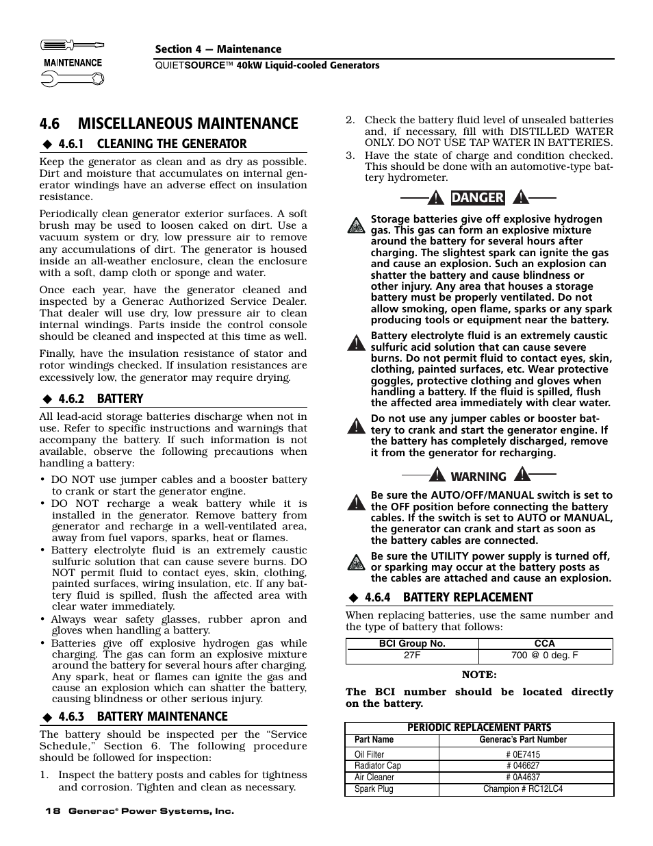 6 miscellaneous maintenance, Danger | Generac 37kW NG User Manual | Page 20 / 48