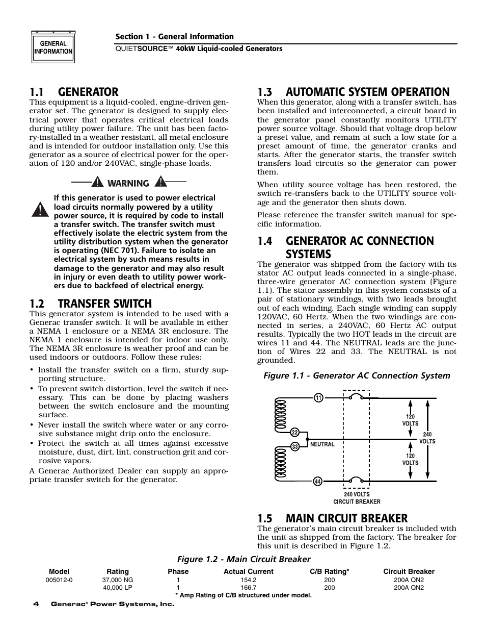1 generator, 2 transfer switch, 3 automatic system operation | 4 generator ac connection systems, 5 main circuit breaker | Generac 37kW NG User Manual | Page 6 / 48